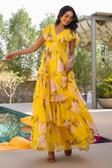 Shop B'Infinite Yellow Net V-neck Floral Tiered Maxi Dress Shop_B'Infinite_Yellow Net V-neck Floral Tiered Maxi Dress