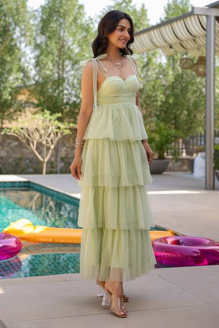 Buy_B'Infinite_Green Net Sweetheart Neck Tiered Maxi Dress _Online_at_Aza_Fashions