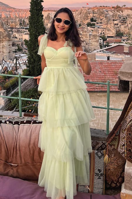 Shop_B'Infinite_Green Net Sweetheart Neck Tiered Maxi Dress 