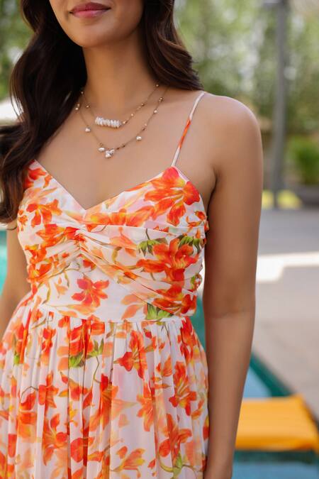 B'Infinite Orange Georgette Sweetheart Neck Floral Print Maxi Dress Online at Aza Fashions B'Infinite_Orange Georgette Sweetheart Neck Floral Print Maxi Dress _Online_at_Aza_Fashions