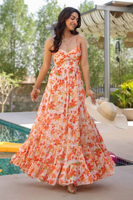 Shop B'Infinite Orange Georgette Sweetheart Neck Floral Print Maxi Dress Online at Aza Fashions Shop_B'Infinite_Orange Georgette Sweetheart Neck Floral Print Maxi Dress _Online_at_Aza_Fashions