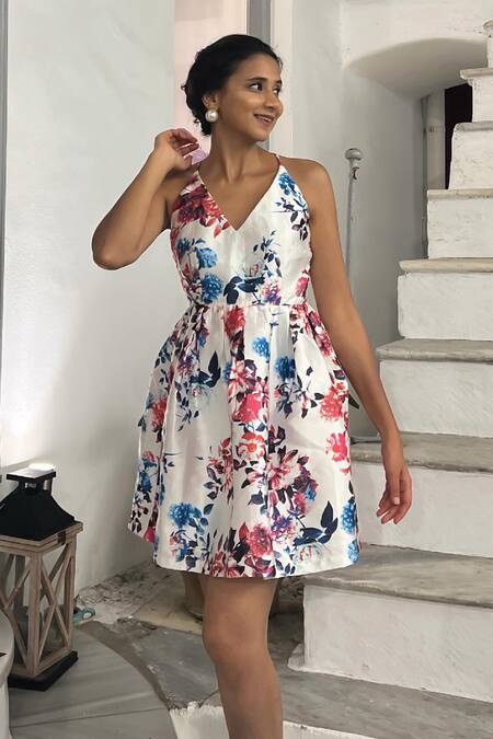Buy B'Infinite White Satin V-neck Floral Print Short Dress Online at Aza Fashions Buy_B'Infinite_White Satin V-neck Floral Print Short Dress _Online_at_Aza_Fashions