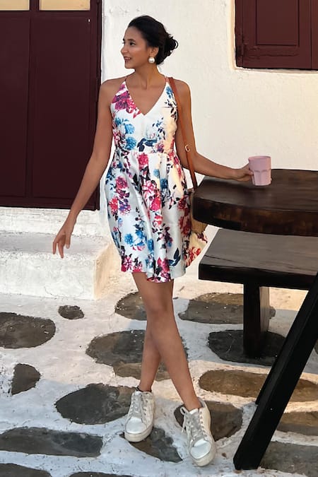 Shop B'Infinite White Satin V-neck Floral Print Short Dress at Aza Fashions Shop_B'Infinite_White Satin V-neck Floral Print Short Dress _at_Aza_Fashions