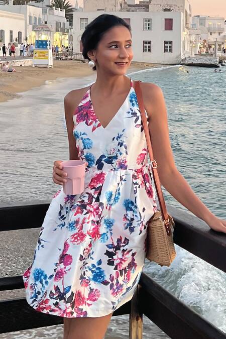 Shop B'Infinite White Satin V-neck Floral Print Short Dress Online at Aza Fashions Shop_B'Infinite_White Satin V-neck Floral Print Short Dress _Online_at_Aza_Fashions