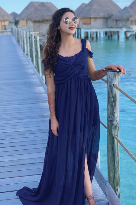 B'Infinite Blue Georgette Round Neck Maxi Dress Online at Aza Fashions B'Infinite_Blue Georgette Round Neck Maxi Dress _Online_at_Aza_Fashions