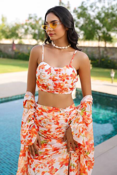 Buy B'Infinite Orange Georgette Round Neck Floral Print Skirt Set Online at Aza Fashions Buy_B'Infinite_Orange Georgette Round Neck Floral Print Skirt Set _Online_at_Aza_Fashions