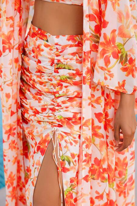 B'Infinite Orange Georgette Round Neck Floral Print Skirt Set at Aza Fashions B'Infinite_Orange Georgette Round Neck Floral Print Skirt Set _at_Aza_Fashions