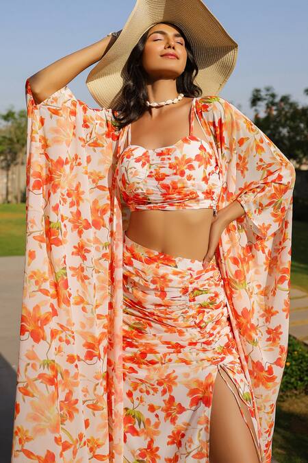 Buy B'Infinite Orange Georgette Round Neck Floral Print Skirt Set Buy_B'Infinite_Orange Georgette Round Neck Floral Print Skirt Set
