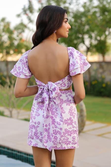Shop B'Infinite Lilac Cotton V-neck Floral Print Skirt Set at Aza Fashions Shop_B'Infinite_Lilac Cotton V-neck Floral Print Skirt Set _at_Aza_Fashions