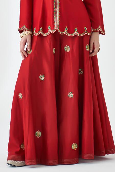 Janki India_Maroon Silk, Organza, Dupion Embroidery V-neck Peplum Kurta Set _Online_at_Aza_Fashions