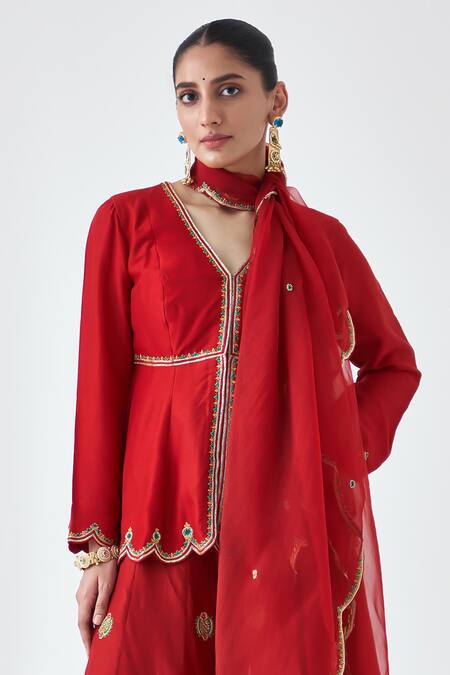 Buy_Janki India_Maroon Silk, Organza, Dupion Embroidery V-neck Peplum Kurta Set _Online_at_Aza_Fashions