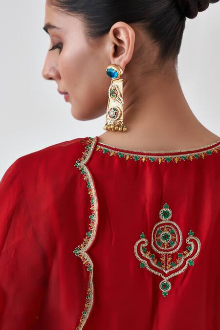 Shop_Janki India_Maroon Silk, Organza, Dupion Embroidery V-neck Peplum Kurta Set _Online_at_Aza_Fashions