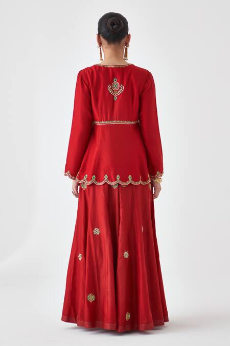 Janki India_Maroon Silk, Organza, Dupion Embroidery V-neck Peplum Kurta Set _at_Aza_Fashions
