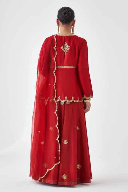 Shop_Janki India_Maroon Silk, Organza, Dupion Embroidery V-neck Peplum Kurta Set _at_Aza_Fashions