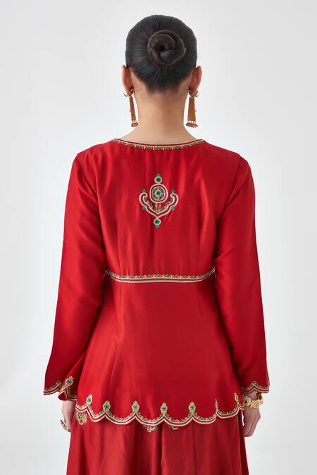 Shop_Janki India_Maroon Silk, Organza, Dupion Embroidery V-neck Peplum Kurta Set 