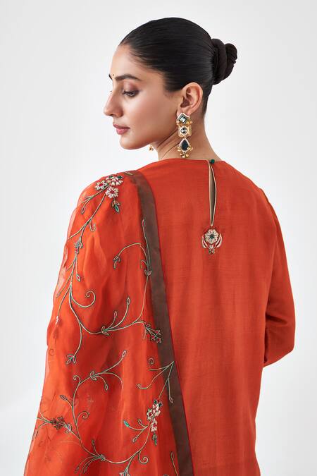 Janki India Orange Silk Embroidery Round Neck Kurta And Sharara Set Online at Aza Fashions Janki India_Orange Silk Embroidery Round Neck Kurta And Sharara Set _Online_at_Aza_Fashions