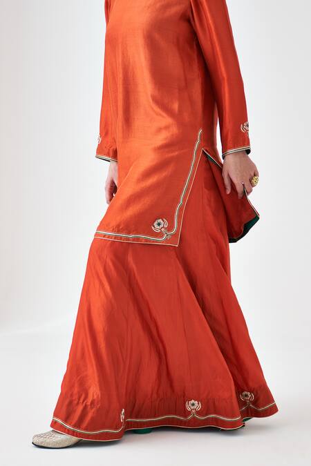 Shop Janki India Orange Silk Embroidery Round Neck Kurta And Sharara Set Online at Aza Fashions Shop_Janki India_Orange Silk Embroidery Round Neck Kurta And Sharara Set _Online_at_Aza_Fashions