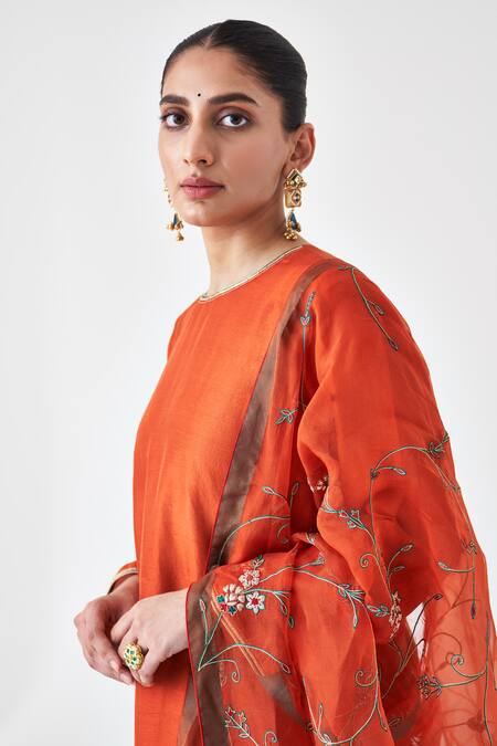 Janki India Orange Silk Embroidery Round Neck Kurta And Sharara Set at Aza Fashions Janki India_Orange Silk Embroidery Round Neck Kurta And Sharara Set _at_Aza_Fashions