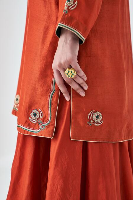 Buy Janki India Orange Silk Embroidery Round Neck Kurta And Sharara Set Buy_Janki India_Orange Silk Embroidery Round Neck Kurta And Sharara Set