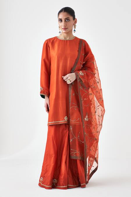 Shop Janki India Orange Silk Embroidery Round Neck Kurta And Sharara Set Shop_Janki India_Orange Silk Embroidery Round Neck Kurta And Sharara Set