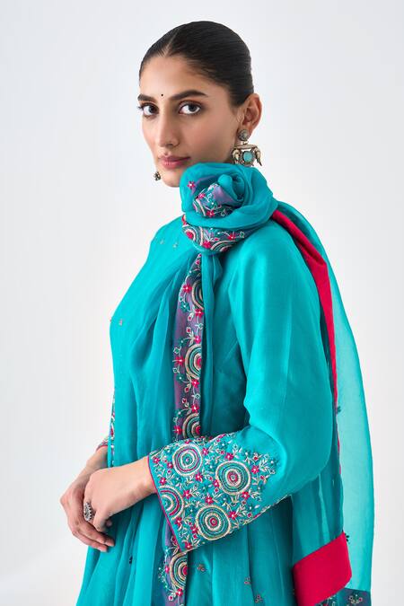 Janki India Blue Silk, Organza Embroidery Round Neck Anarkali Set Online at Aza Fashions Janki India_Blue Silk, Organza Embroidery Round Neck Anarkali Set _Online_at_Aza_Fashions