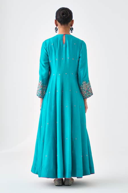 Shop Janki India Blue Silk, Organza Embroidery Round Neck Anarkali Set at Aza Fashions Shop_Janki India_Blue Silk, Organza Embroidery Round Neck Anarkali Set _at_Aza_Fashions