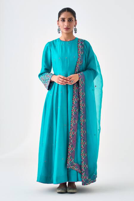 Shop Janki India Blue Silk, Organza Embroidery Round Neck Anarkali Set Online at Aza Fashions Shop_Janki India_Blue Silk, Organza Embroidery Round Neck Anarkali Set _Online_at_Aza_Fashions
