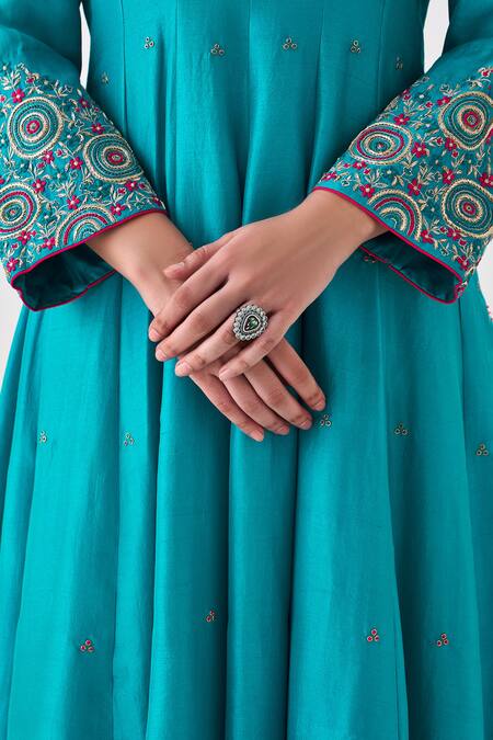 Janki India Blue Silk, Organza Embroidery Round Neck Anarkali Set at Aza Fashions Janki India_Blue Silk, Organza Embroidery Round Neck Anarkali Set _at_Aza_Fashions