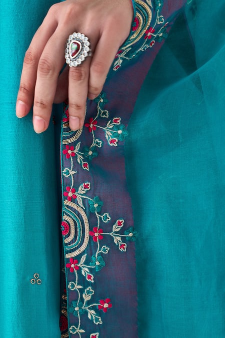 Buy Janki India Blue Silk, Organza Embroidery Round Neck Anarkali Set Buy_Janki India_Blue Silk, Organza Embroidery Round Neck Anarkali Set