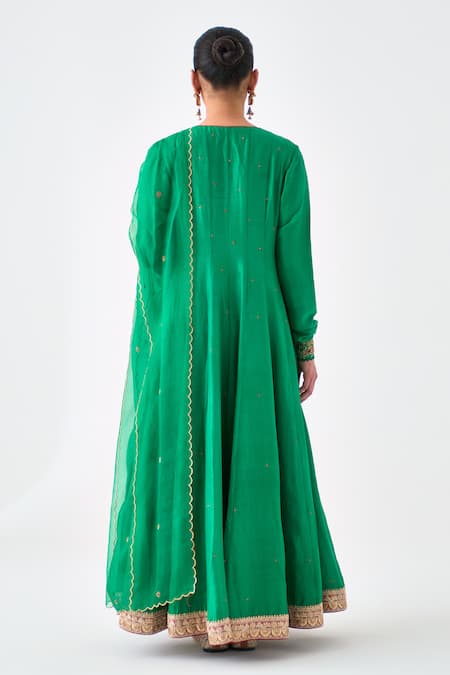 Shop Janki India Green Silk, Organza Sequins, Embroidery V-neck Anarkali Set at Aza Fashions Shop_Janki India_Green Silk, Organza Sequins, Embroidery V-neck Anarkali Set _at_Aza_Fashions