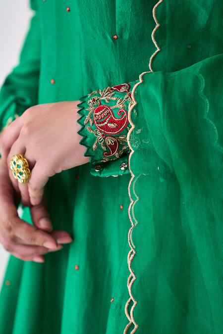 Buy Janki India Green Silk, Organza Sequins, Embroidery V-neck Anarkali Set Online at Aza Fashions Buy_Janki India_Green Silk, Organza Sequins, Embroidery V-neck Anarkali Set _Online_at_Aza_Fashions