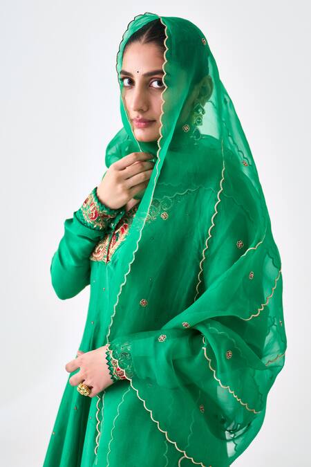 Shop Janki India Green Silk, Organza Sequins, Embroidery V-neck Anarkali Set Online at Aza Fashions Shop_Janki India_Green Silk, Organza Sequins, Embroidery V-neck Anarkali Set _Online_at_Aza_Fashions