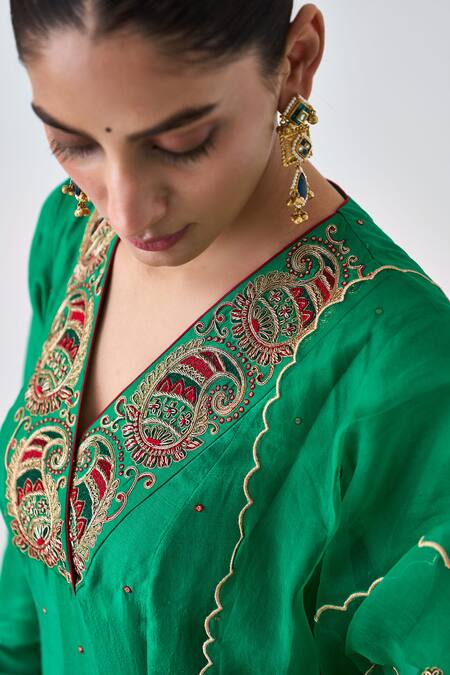 Janki India Green Silk, Organza Sequins, Embroidery V-neck Anarkali Set at Aza Fashions Janki India_Green Silk, Organza Sequins, Embroidery V-neck Anarkali Set _at_Aza_Fashions