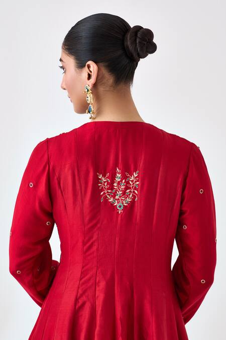 Janki India Maroon Silk, Organza Embroidery V-neck Anarkali Set Online at Aza Fashions Janki India_Maroon Silk, Organza Embroidery V-neck Anarkali Set _Online_at_Aza_Fashions