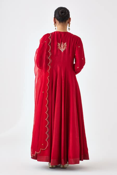 Shop Janki India Maroon Silk, Organza Embroidery V-neck Anarkali Set at Aza Fashions Shop_Janki India_Maroon Silk, Organza Embroidery V-neck Anarkali Set _at_Aza_Fashions