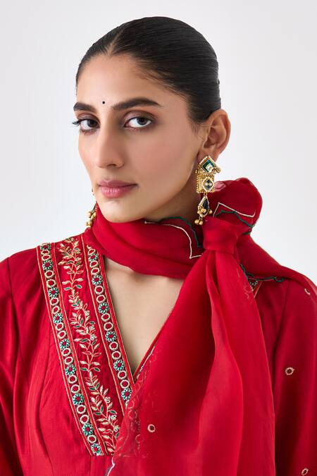 Buy Janki India Maroon Silk, Organza Embroidery V-neck Anarkali Set Buy_Janki India_Maroon Silk, Organza Embroidery V-neck Anarkali Set