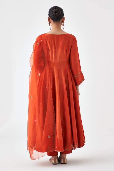 Shop Janki India Orange Silk, Organza Embroidery Square Neck Anarkali Set at Aza Fashions Shop_Janki India_Orange Silk, Organza Embroidery Square Neck Anarkali Set _at_Aza_Fashions