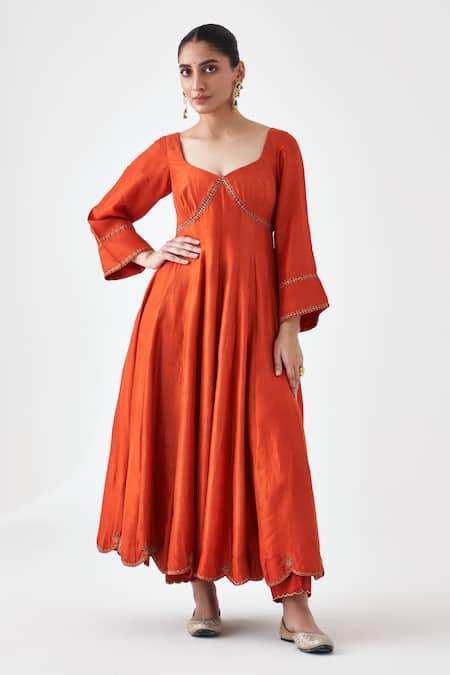 Janki India Orange Silk, Organza Embroidery Square Neck Anarkali Set Online at Aza Fashions Janki India_Orange Silk, Organza Embroidery Square Neck Anarkali Set _Online_at_Aza_Fashions