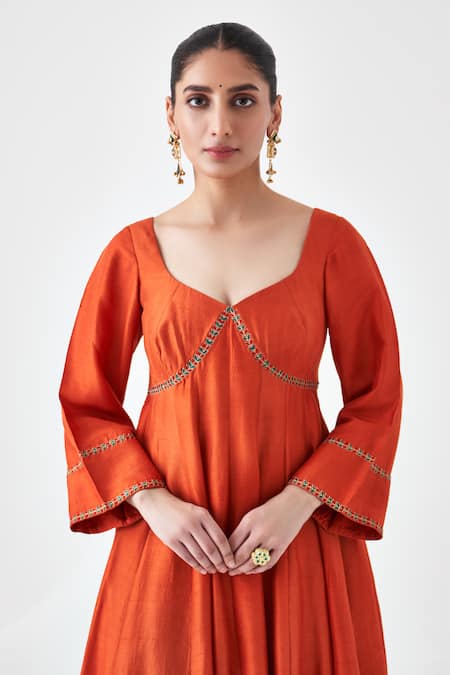 Buy Janki India Orange Silk, Organza Embroidery Square Neck Anarkali Set Buy_Janki India_Orange Silk, Organza Embroidery Square Neck Anarkali Set