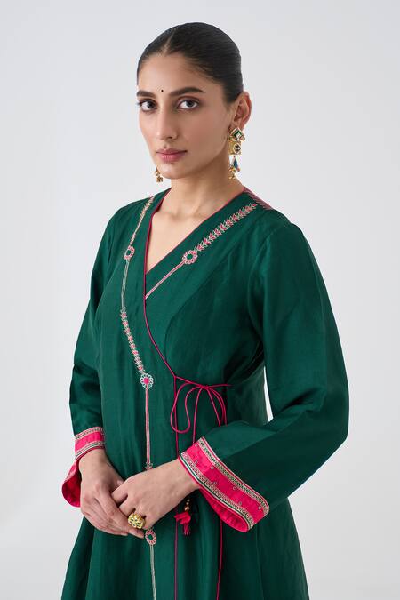 Shop Janki India Green Silk, Organza Embroidery V-neck Dark Angrakha Kurta Set Online at Aza Fashions Shop_Janki India_Green Silk, Organza Embroidery V-neck Dark Angrakha Kurta Set _Online_at_Aza_Fashions