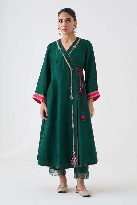 Buy Janki India Green Silk, Organza Embroidery V-neck Dark Angrakha Kurta Set Buy_Janki India_Green Silk, Organza Embroidery V-neck Dark Angrakha Kurta Set