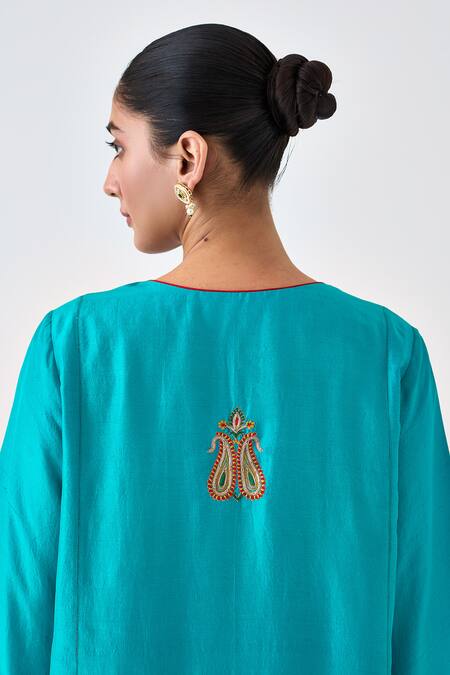 Janki India_Blue Silk, Organza Sequins Split V-neck Embroidered Kurta Set _at_Aza_Fashions
