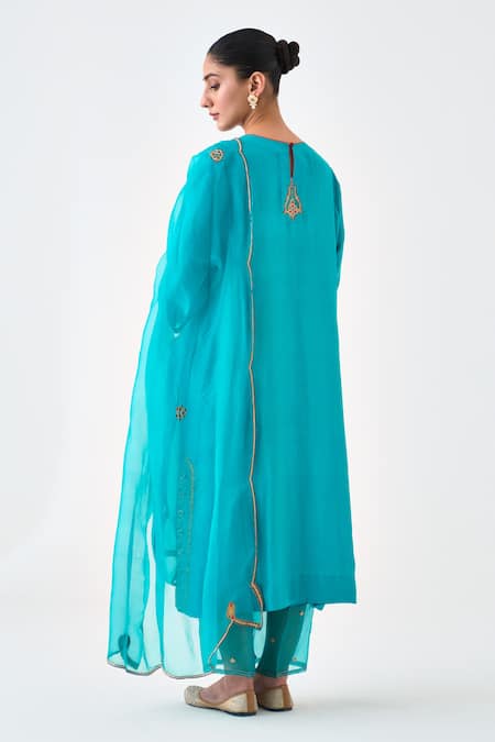 Shop_Janki India_Blue Silk, Organza Embroidery Round Neck Kurta Set _at_Aza_Fashions