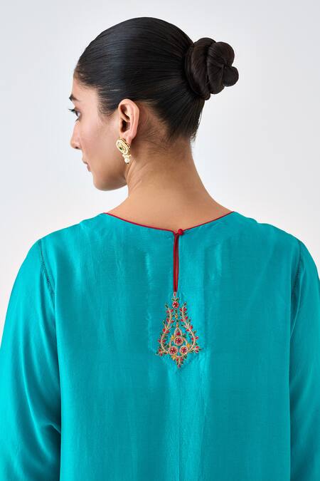 Janki India_Blue Silk, Organza Embroidery Round Neck Kurta Set _Online_at_Aza_Fashions