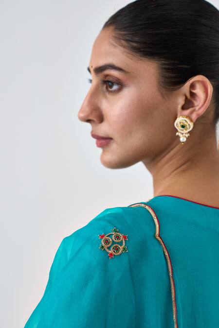 Buy_Janki India_Blue Silk, Organza Embroidery Round Neck Kurta Set _Online_at_Aza_Fashions