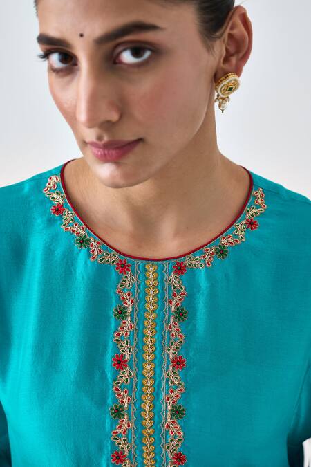 Shop_Janki India_Blue Silk, Organza Embroidery Round Neck Kurta Set _Online_at_Aza_Fashions