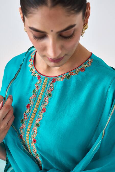 Buy_Janki India_Blue Silk, Organza Embroidery Round Neck Kurta Set 