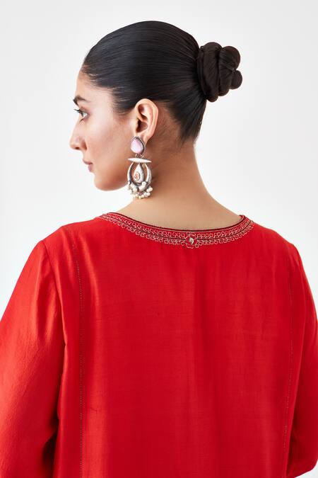 Janki India_Red Silk, Organza Embroidery Round Neck Dupion Kurta Set _Online_at_Aza_Fashions