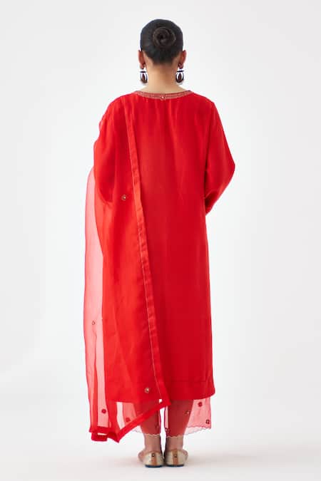 Shop_Janki India_Red Silk, Organza Embroidery Round Neck Dupion Kurta Set _at_Aza_Fashions