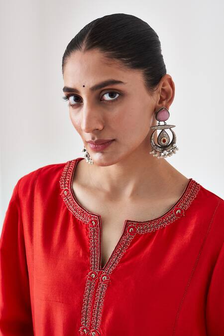 Shop_Janki India_Red Silk, Organza Embroidery Round Neck Dupion Kurta Set _Online_at_Aza_Fashions